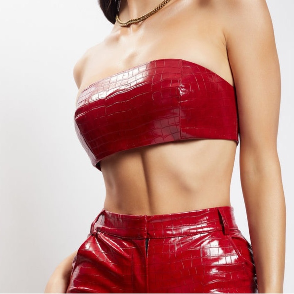 Meshki Red Croc-Embossed Crop Top
